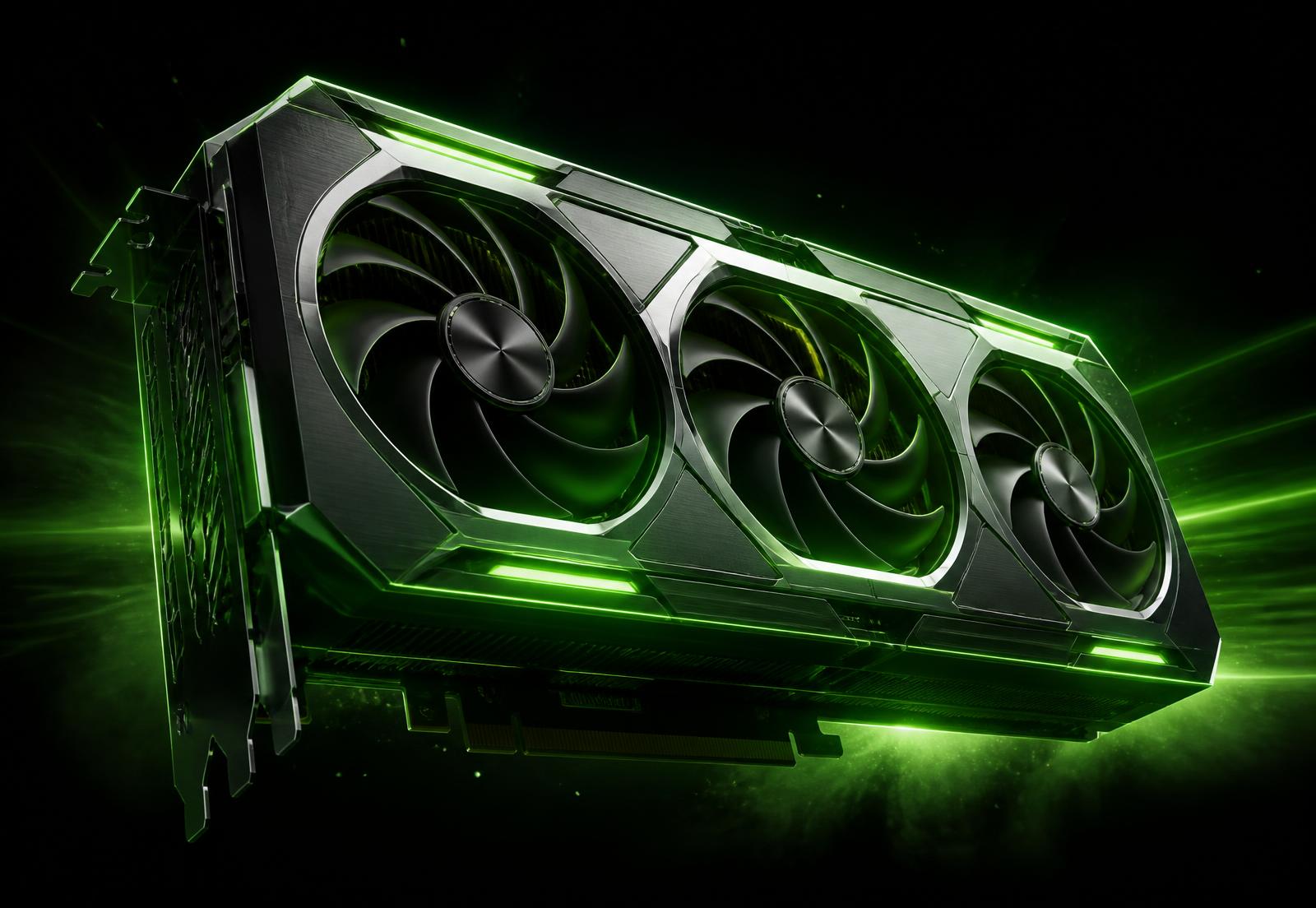 NVIDIA GeForce RTX graphics card floating in a dark environment with green lighting